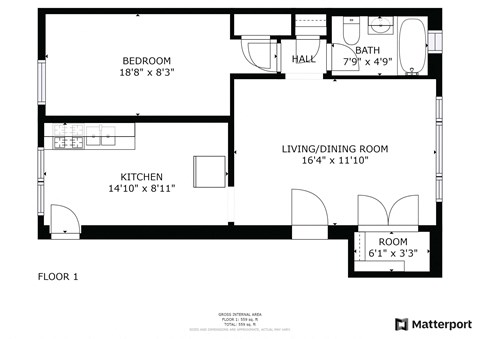 Floor plan for 1 bed, 1 bath, 559 sqft